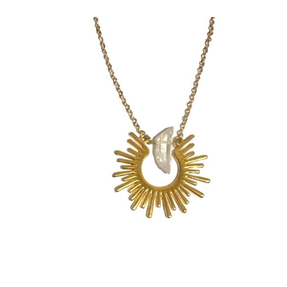 Sun & Amulet Gold Tone Necklace Rays White Gem Stone  16" - Picture 2 of 2